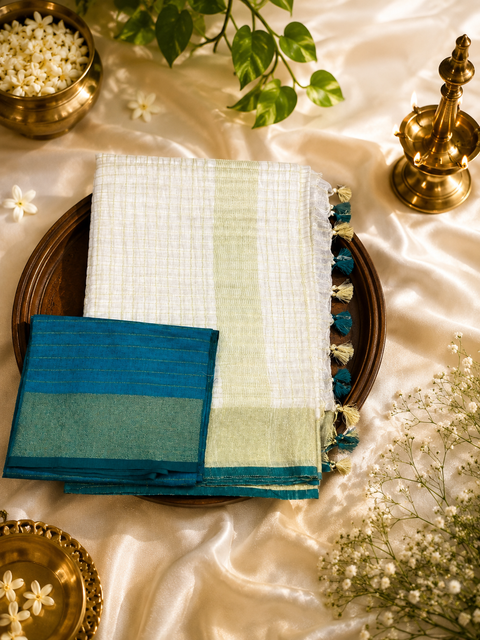 Onam Linen Sarees | Pure Linen with Golden Thread & Colourful Pom-Poms