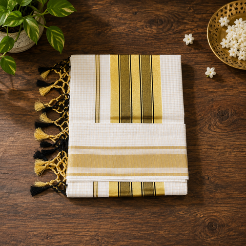 Kerala Saree with Check Design and Coloured Pallu