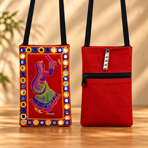 Embroidered Mobile Sling Bag with Clip & Zipper Pocket