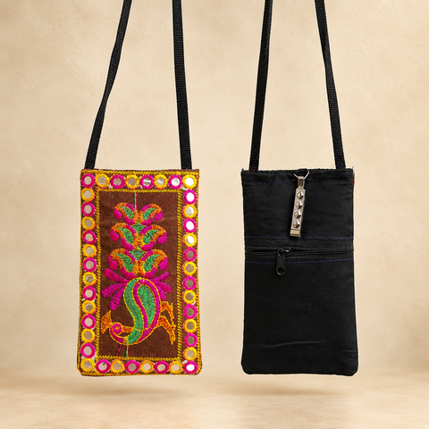 Embroidered Mobile Sling Bag with Clip & Zipper Pocket