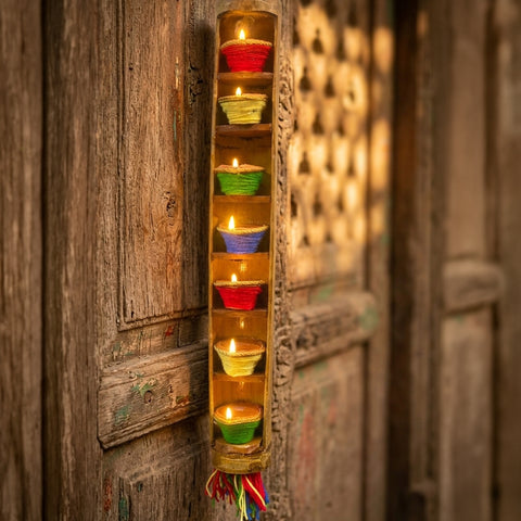 Bamboo Hanging Diya Stand With Diyas
