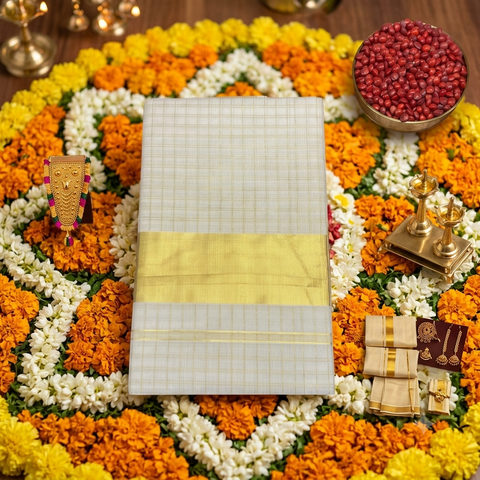 Kerala Saree with Jari Border & Double-Line Column Checks