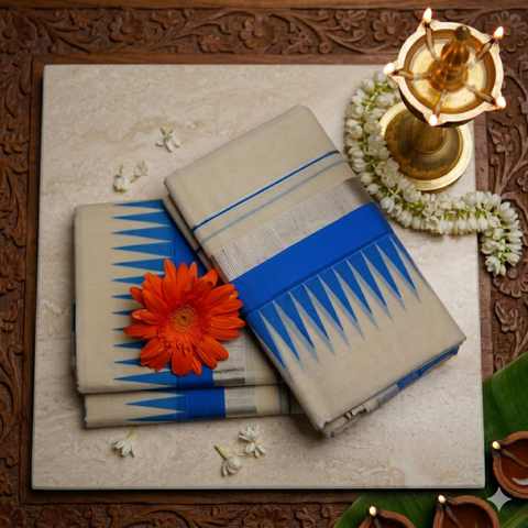 Kuthampully Handloom Cotton Set Mundu with 4 Inch Temple Design Border