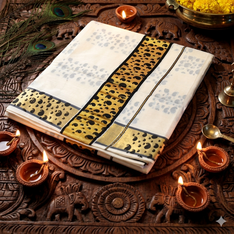 Kerala Cotton Kasavu Saree with manga prints