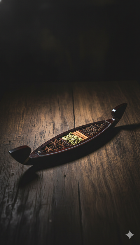 Wooden Kettuvallam With Spices | Wooden Boat with Spices