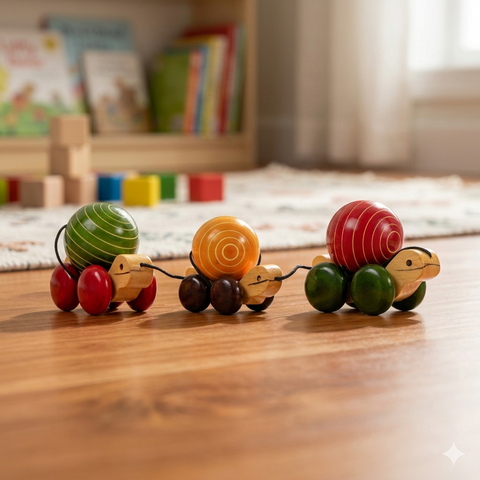 Wooden Pull Along Tortoise Family Toy | Channapatna Toys | Non Toxic Toys