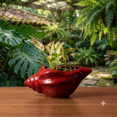 Shanku (Conch-Shaped) Ceramic Planter with Money Planter | Ceramic Planter with Money Plant
