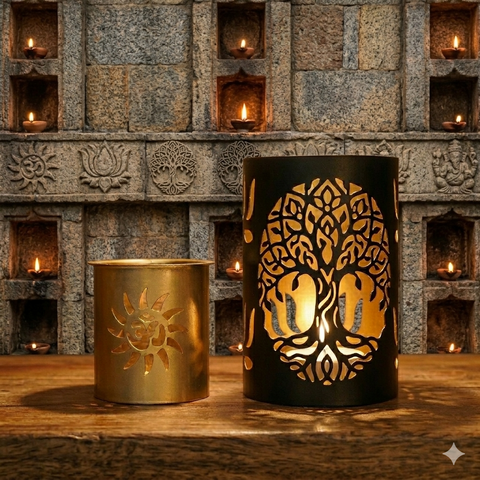 Tealight Holder Combo Set | Lotus & Om Shadow Metal Decor