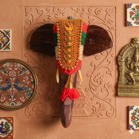 Wooden Pooram Elephant Head Wall Hanging | Elephant Nettipattam Head