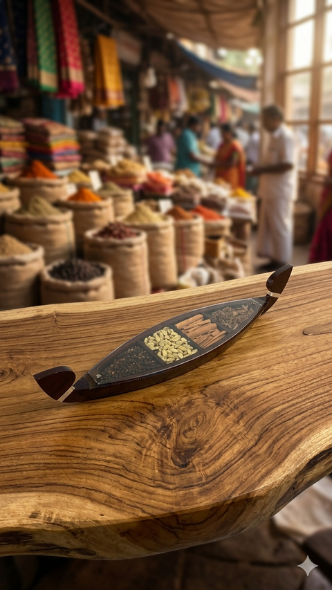 Wooden Kettuvallam With Spices | Wooden Boat with Spices