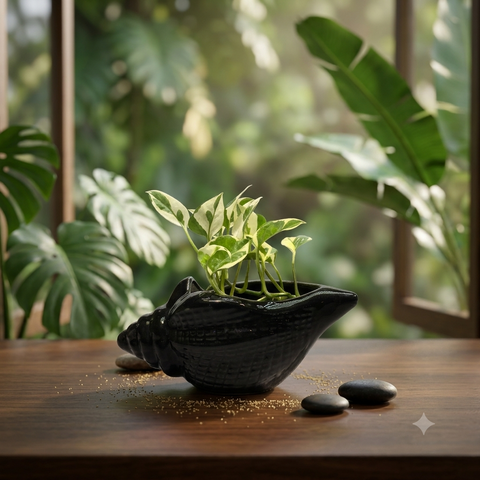 Shanku (Conch-Shaped) Ceramic Planter with Money Planter | Ceramic Planter with Money Plant