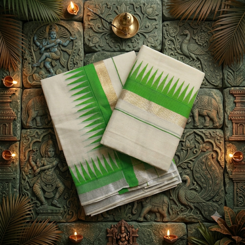 Kuthampully Handloom Cotton Set Mundu with 4 Inch Temple Design Border