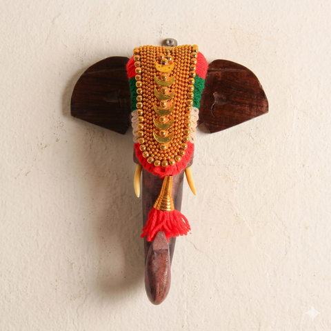 Wooden Pooram Elephant Head Wall Hanging | Elephant Nettipattam Head