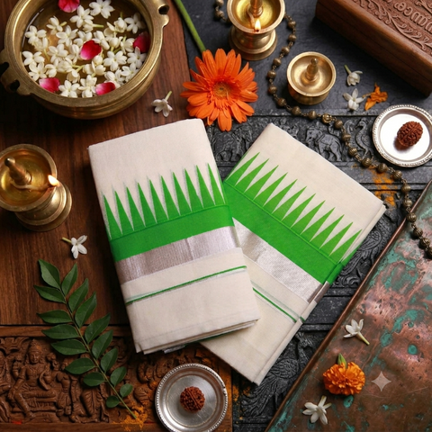Kuthampully Handloom Cotton Set Mundu with 4 Inch Temple Design Border