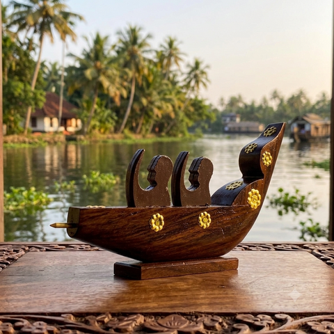 Wooden Chundan Vallam | Traditional Rower Boat Miniature | Snake Boat With Rower