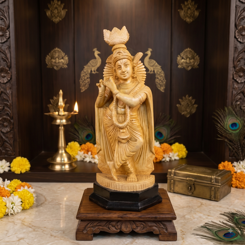 Handcrafted Krishna Idol in Kumbil Wood | Krishna Statue