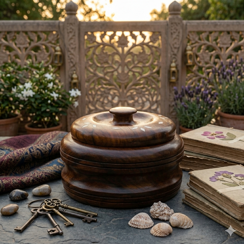 Handcrafted Wooden Stainless Steel Container with Inlay