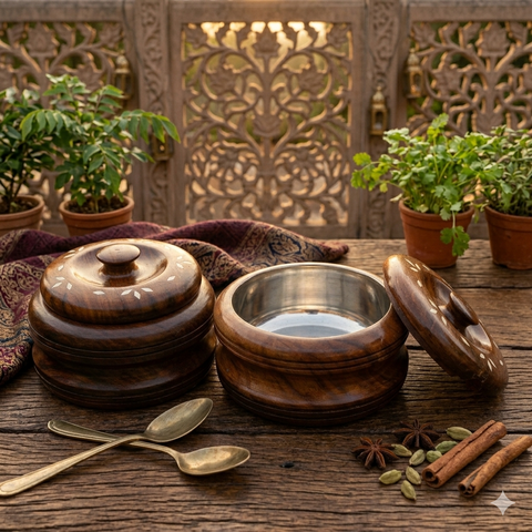 Handcrafted Wooden Stainless Steel Container with Inlay