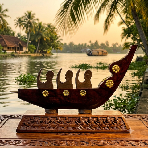 Wooden Chundan Vallam | Traditional Rower Boat Miniature | Snake Boat With Rower