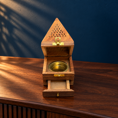 Wooden Dhoop Stand with Drawer | Incense Cone Holder with Storage Box