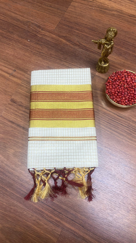 Kerala Saree with check design and Maroon pallu