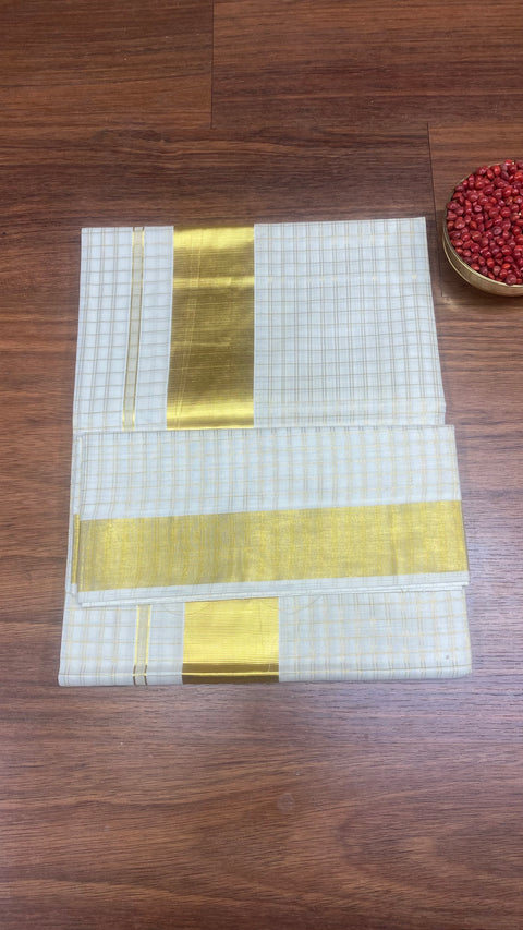 Kerala Saree with Jari Border & Double-Line Column Checks