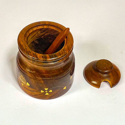 Handcrafted Wooden Salt Pot with Spoon | Pulivaka Wood & Brass