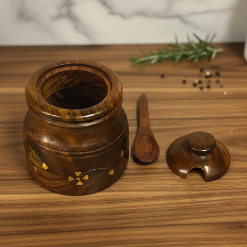 Handcrafted Wooden Salt Pot with Spoon | Pulivaka Wood & Brass