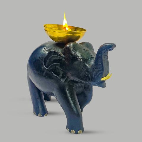 Wooden Elephant with Brass Diya | Handcrafted Home Décor | Traditional Indian Pooja Lamp