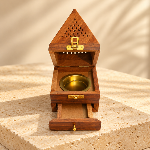 Wooden Dhoop Stand with Drawer | Incense Cone Holder with Storage Box