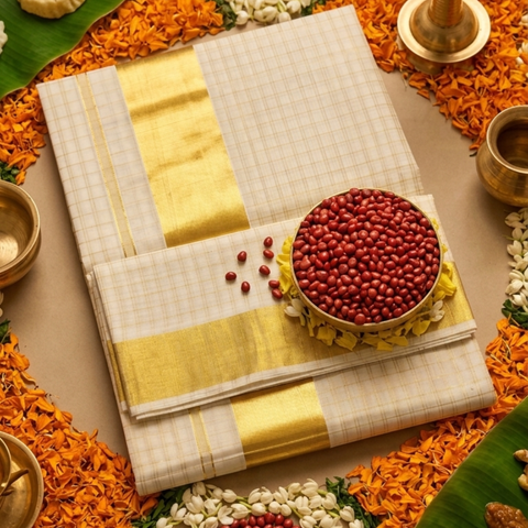 Kerala Saree with Jari Border & Double-Line Column Checks
