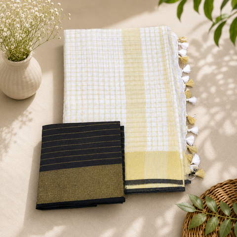 Onam Linen Sarees | Pure Linen with Golden Thread & Colourful Pom-Poms
