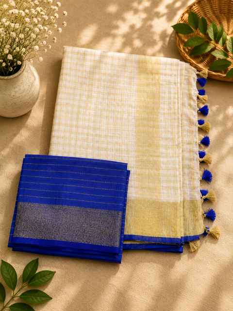 Onam Linen Sarees | Pure Linen with Golden Thread & Colourful Pom-Poms