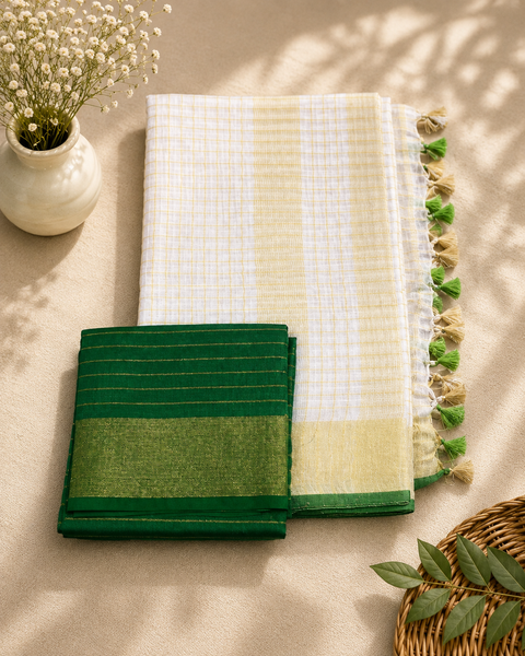 Onam Linen Sarees | Pure Linen with Golden Thread & Colourful Pom-Poms
