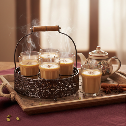Cutting Chai Glass Set of 6 with Metal Stand | Desi Chai/Coffee Glasses | 6 Glasses and Stand For Gifts