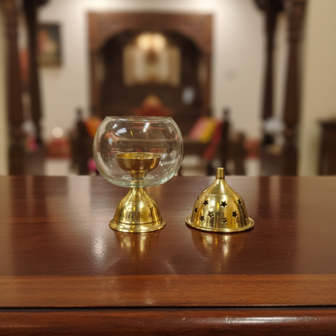 Brass Chimney Vilakku | Brass Oil Lamp with Glass Chimney