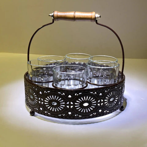 Cutting Chai Glass Set of 6 with Metal Stand | Desi Chai/Coffee Glasses | 6 Glasses and Stand For Gifts