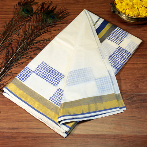 kerala cotton saree with prints blue