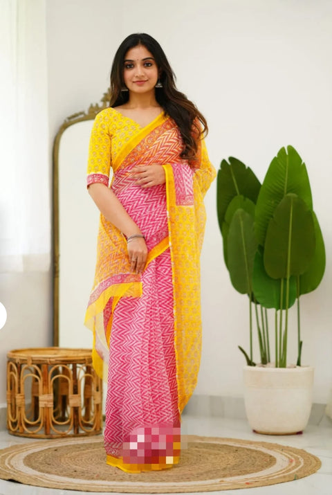 Hand Block Printed Kota Doria Sarees with Blouse