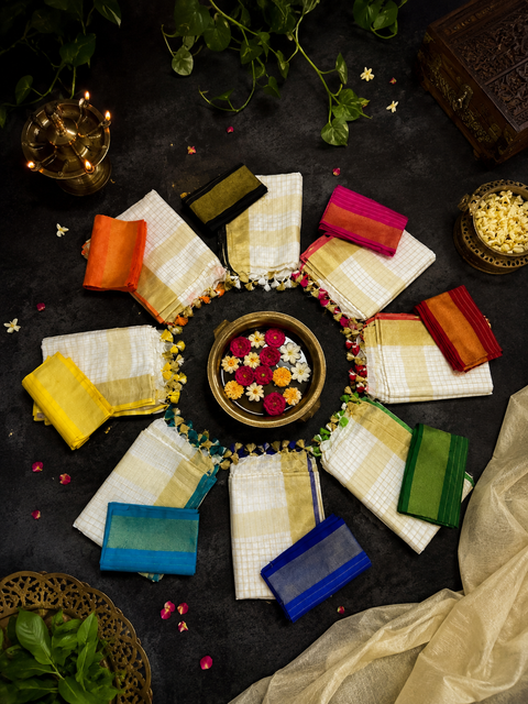 Onam Linen Sarees | Pure Linen with Golden Thread & Colourful Pom-Poms
