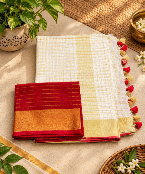 Onam Linen Sarees | Pure Linen with Golden Thread & Colourful Pom-Poms