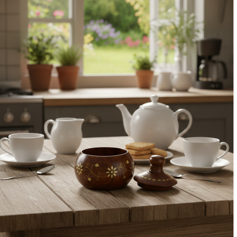 Handcrafted Pulivaka Wood Sugar Pot with Brass Detailing