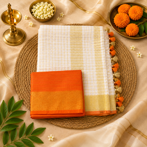 Onam Linen Sarees | Pure Linen with Golden Thread & Colourful Pom-Poms