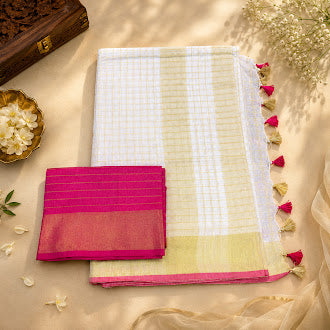 Onam Linen Sarees | Pure Linen with Golden Thread & Colourful Pom-Poms