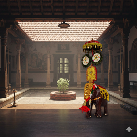 Kerala Pooram Wooden Elephant Statue (Medium) | Caparisoned Elephant Figurine, 8 "