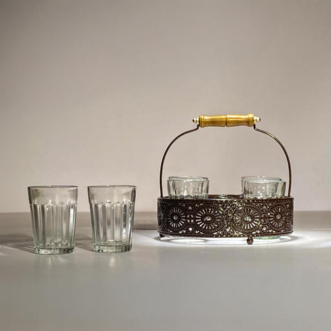 Cutting Chai Glass Set of 6 with Metal Stand | Desi Chai/Coffee Glasses | 6 Glasses and Stand For Gifts