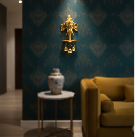 Brass Ganesha Wall Hanging with Bells – Traditional Indian Décor