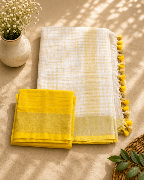 Onam Linen Sarees | Pure Linen with Golden Thread & Colourful Pom-Poms