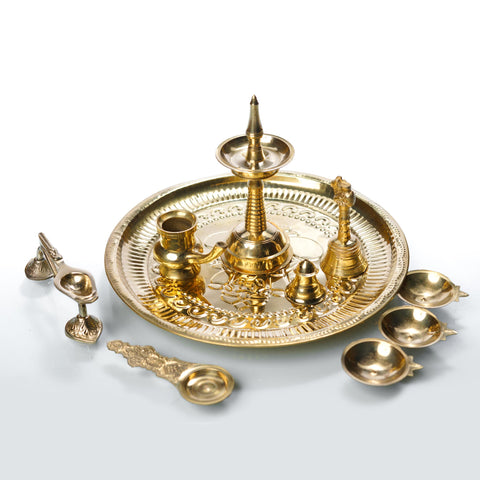 Brass pooja thali set, medium size, set of 10