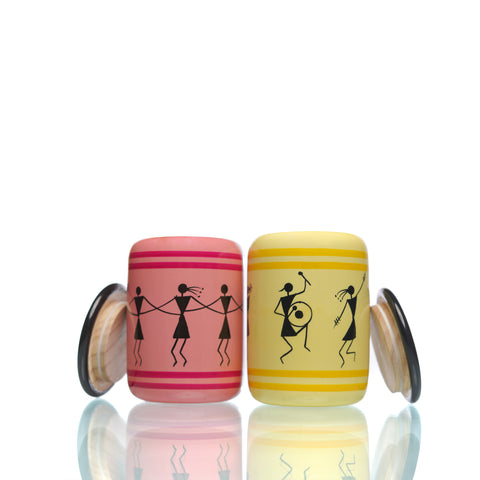 Channapatna Wooden Utility Jar - Small (Pink & Yellow) | Set of 2